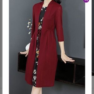 Vicky and Lucas Red Wine & Navy Floral Layered A-Line Dress, Size: Small